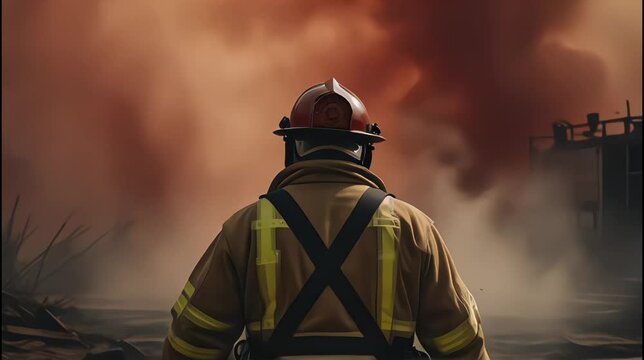 Firefighter facing burning fire with danger smoke