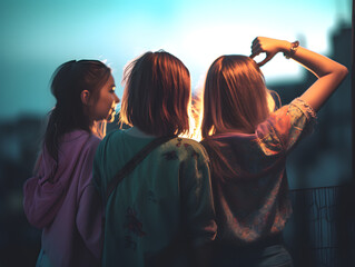 Three girl friends share joyful moment and happiness at sunset. AI generated