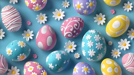 Obraz na płótnie Canvas Clay Easter Eggs Spring Flowers Blue Background Seamless Pattern