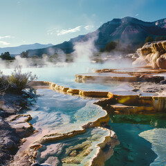 Fototapeta na wymiar Enchanting Terrain: NM Hot Springs amidst Red Sandstone Formations and Azure Skies