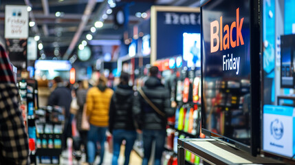 Close Up of a Black Friday Sale Sign in a Home Electronics Department Store with a Range of Modern Smart TV Sets. Shoppers Explore Discounted Home Appliances in a Busy Retail Storefront