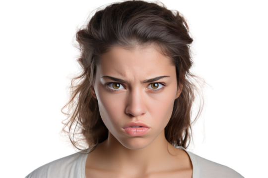 Young woman's face full of anger Expressing anger. isolated on a transparent background.