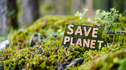 A vibrant image displaying a 'Save Planet' sign, crafted in a natural texture, nestled in rich,...