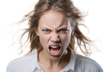 Young woman's face full of anger Expressing anger. isolated on a transparent background.