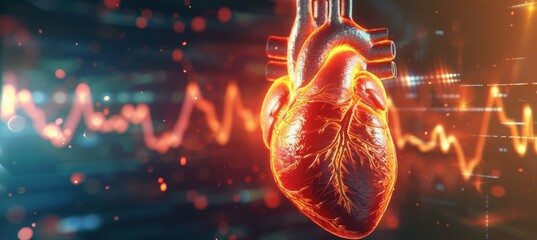 Anatomy of human heart on ecg medical background. 3d render - obrazy, fototapety, plakaty