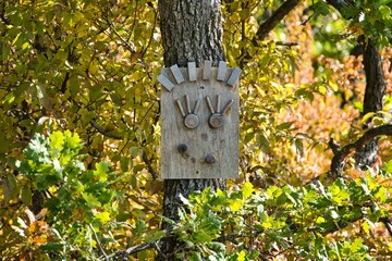 Wooden board with a funny face on a tree in a park