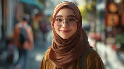 A happy confident Muslim girl wearing a hijab headscarf on her head walks in the middle of a busy street. The concept of a free life for Muslim women, prospects for them. - obrazy, fototapety, plakaty
