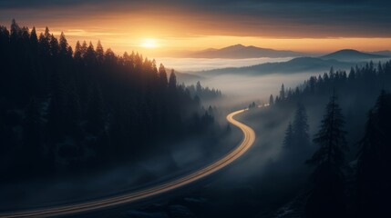 A foggy sunset valley, with car lights tracing bright paths on a winding road through dark pines, captured in ethereal 4k. - obrazy, fototapety, plakaty