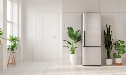 Un soplo de aire fresco infunde esta luminosa cocina, donde un refrigerador moderno está flanqueado por una asamblea de exuberantes plantas de interior, creando un oasis sereno de líneas limpias.
