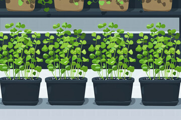 Close-up of microgreen broccoli. Concept of home gardening and growing greenery indoors. flat illustration