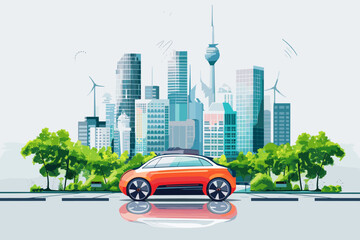Futuristic smart city with autonomous electric vehicles, sustainable energy, and green architecture