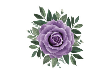 watercolor purple rose clipart illustration with leaves and a green leaf on white background.