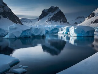a lake with icebergs and mountains in the background