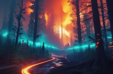 Fototapeta na wymiar Fire in the forest in cybernetics style, neon light