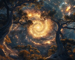 Solar system dust swirling around a geological peculiarity in a mystical forest - obrazy, fototapety, plakaty