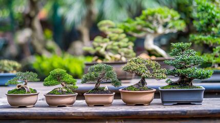 Photos of different types of bonsai trees for sale in the nursery. Plant store or garden store, business selling plants.