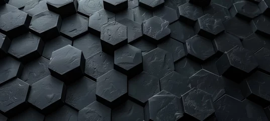 Fotobehang Black hexagon honeycomb shapes matte surface moving up down randomly. Abstract modern design background concept. 3D illustration rendering graphic design © MUS_GRAPHIC
