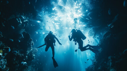 scuba drivers through tunnel under the ocean with fish and   undersea life wonders around them as...