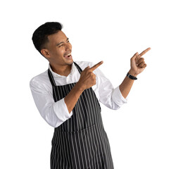 close up asian business owner man gesturing hand point on right side to add content or show special offer on transparent background for SME business and png design concept
