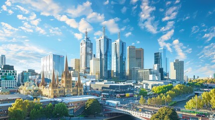 Busy urban landscape of Melbourne, Australia with modern buildings.