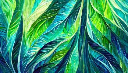 a vibrant digital textile repeating pattern featuring large wide stripes in a cyan blue and neon green ombré, evoking the tropical allure of lush foliage and vibrant skies