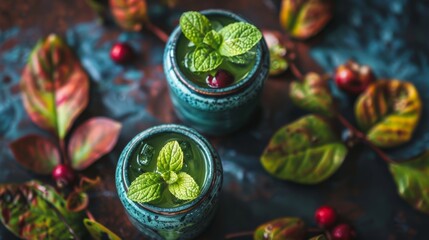 Two small blue cups with mint leaves and berries on top
