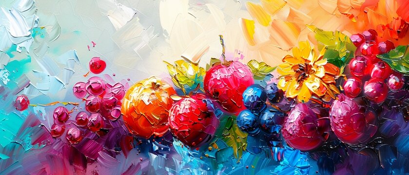Abstract, colorful summer fruits, oil paint with palette knife, against a vibrant backdrop, with dramatic light and colorful flashes