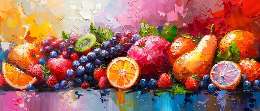 Abstract, colorful summer fruits, oil paint with palette knife, against a vibrant backdrop, with dramatic light and colorful flashes