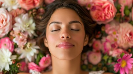 A woman is laying in a bed of flowers. She is smiling and she is relaxed. The flowers are pink and white, and they surround her. Concept of peace and tranquility