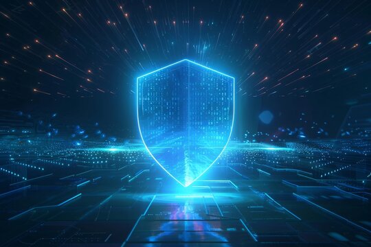 A futuristic setting featuring a glowing blue shield as the central focus, emitting a strong, protective energy