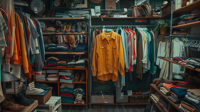 Second hand clothing shop, charity shop or thrift store, which sell second hand, used clothing, accessories, books and household goods