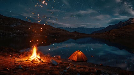 Campsite with a burning fire Bright meteorite reflected on the lake