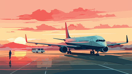Airport with airplane at beautiful sunrise. 2d flat