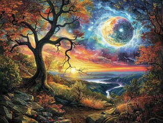 A painting of a forest with a tree and a large moon in the sky. The painting has a serene and peaceful mood, with the moon and the tree creating a sense of calmness and tranquility
