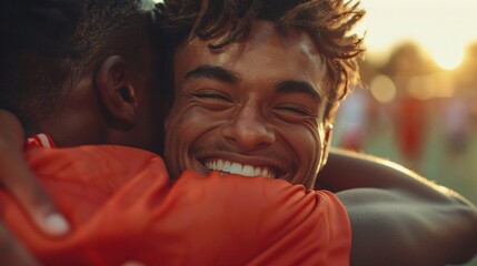 An intimate shot of a player hugging his teammate tightly, both smiling broadly, epitomizing the brotherhood and joy of a hard-earned victory on the field