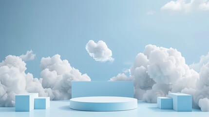 Cloud background, blue podium, 3D product, white sky showing abstract pastel scene. Minimal cloud background light stand