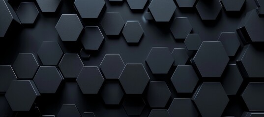 Black hexagon honeycomb shapes matte surface moving up down randomly. Abstract modern design background concept. 3D illustration rendering graphic design - obrazy, fototapety, plakaty
