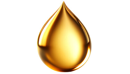 A gold drop of oil is shown on a white background. The drop is large and has a shiny, reflective surface. Concept of luxury and opulence, isolate on white background.