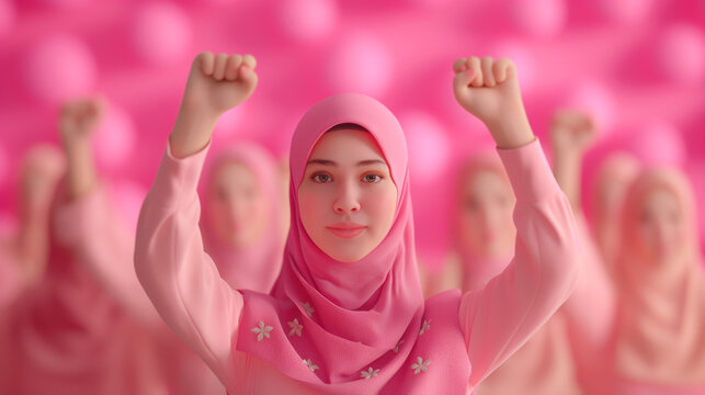 Women's Day, Hijabi women's raised hands isolated on a pink background.