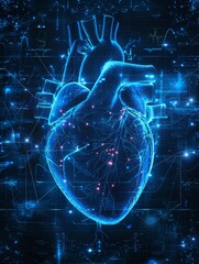 A heart is shown in a blue and white color scheme with a lot of lights and dots surrounding it. The heart is surrounded by a lot of dots and lines, giving it a futuristic and technological feel