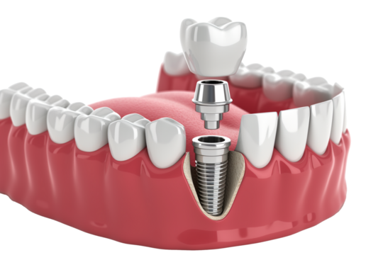 Jaw with teeth and premolar implants on a transparent background