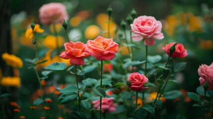 Obraz premium A bunch of pink roses are in a field of flowers. The roses are in full bloom and are surrounded by other flowers. The scene is peaceful and serene