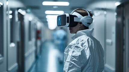 A woman wearing a white lab coat stands in a hallway wearing a virtual reality headset. She is looking at a screen in front of her