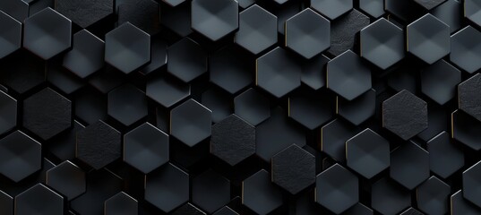 Black hexagon honeycomb shapes matte surface moving up down randomly. Abstract modern design background concept. 3D illustration rendering graphic design - obrazy, fototapety, plakaty