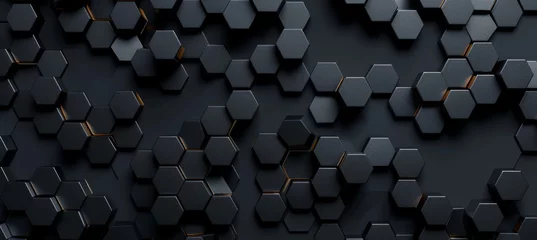 Fotobehang Black hexagon honeycomb shapes matte surface moving up down randomly. Abstract modern design background concept. 3D illustration rendering graphic design © MUS_GRAPHIC