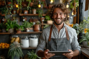 A happy male cafe owner with curly hair is holding a digital tablet in a plant-filled cafe - Powered by Adobe