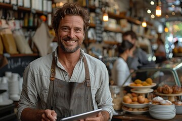 A handsome bearded man wearing an apron smiles while using a tablet in a well-lit cosy cafe setting