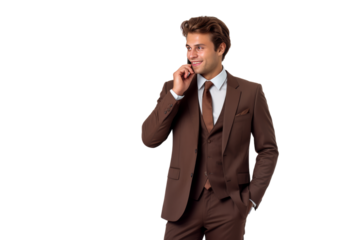 Young man in a brown suit talking on mobile phone. isolated on a transparent background.