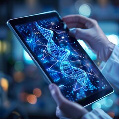 A person is holding a tablet with a blue image of a DNA strand on it. The image is very detailed...