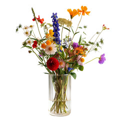 A colourful bouquet of wildflowers in a glass vase isolated on a transparent background © Kanurism